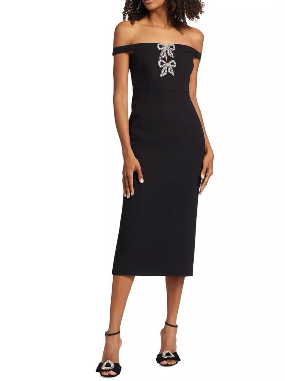 Self Portrait Diamanté Bow Crepe Off-the-Shoulder Midi Dress size 2